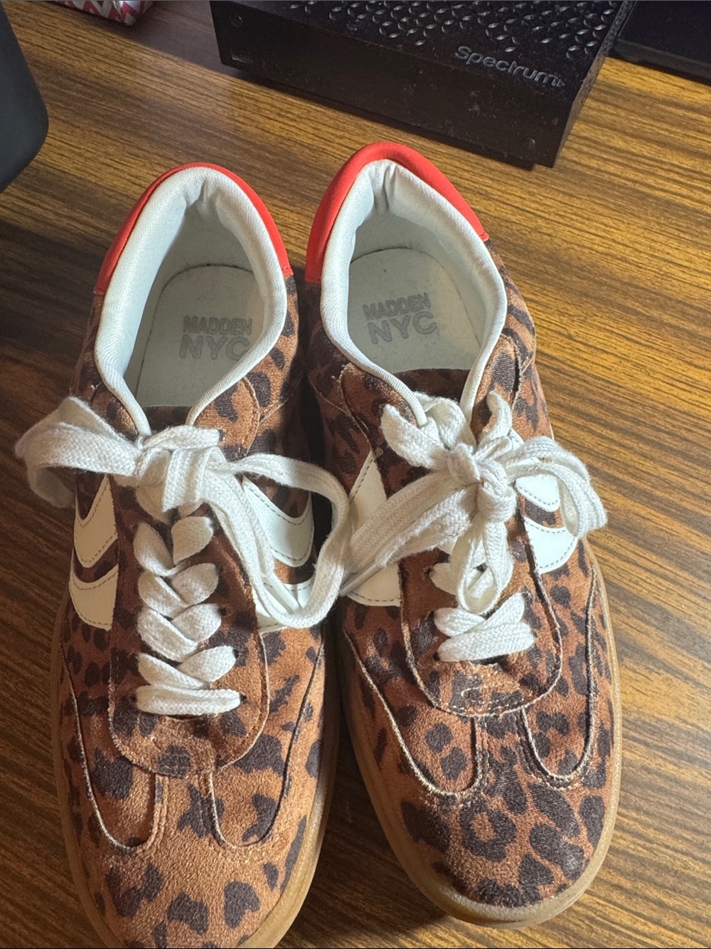 Madden NYC Women's Leopard Print Low-Top Sneakers - Brown/White/Red Trim